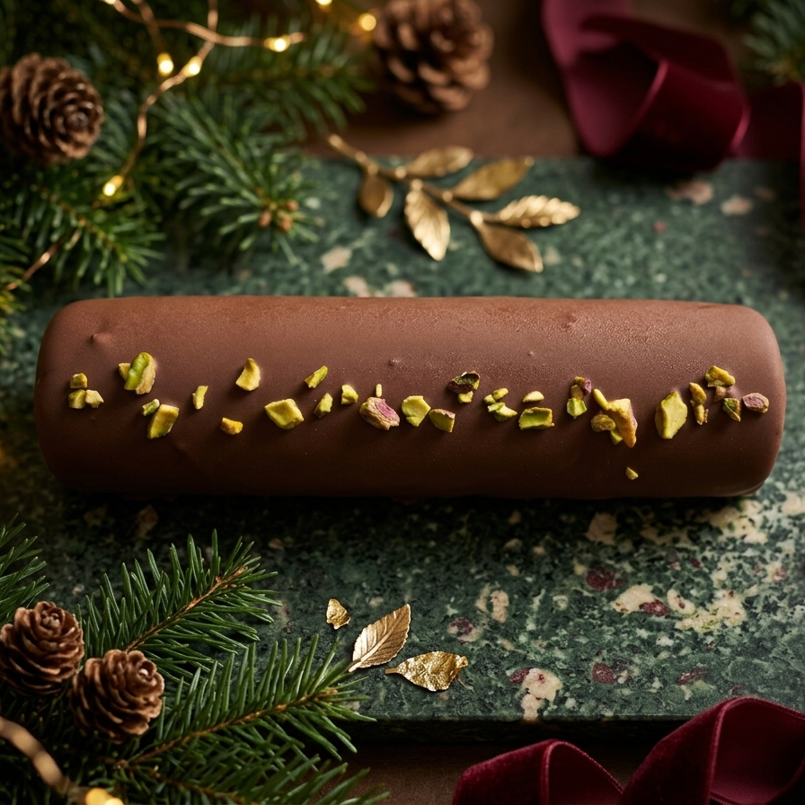 Bûche de Noël façon Dubaï nappée d'un glaçage au chocolat au lait brillant, généreusement parsemée d'éclats de pistaches croquantes.
