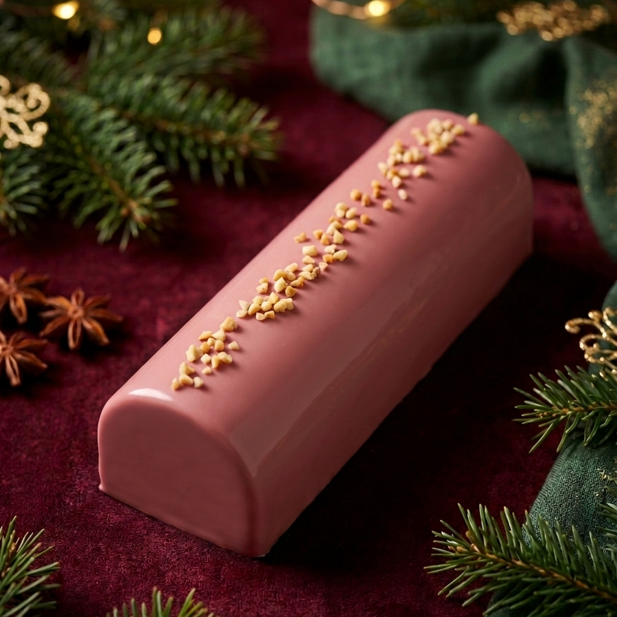 Bûche de Noël au chocolat Ruby nappée d'un glaçage rose signature, parsemée d'éclats d'amandes torréfiées