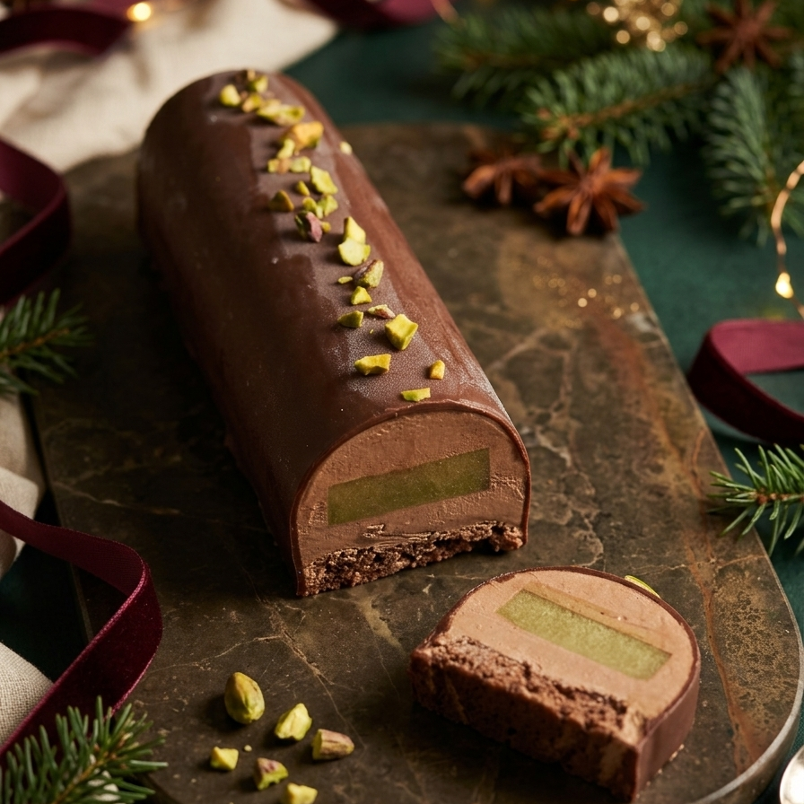 Bûche de Noël façon Dubaï nappée d'un glaçage au chocolat au lait brillant, généreusement parsemée d'éclats de pistaches croquantes coupée laissant voir l'interieur une mousse , incert pistache et croustillant.