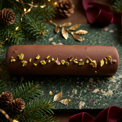 Bûche de Noël façon Dubaï nappée d'un glaçage au chocolat au lait brillant, généreusement parsemée d'éclats de pistaches croquantes.