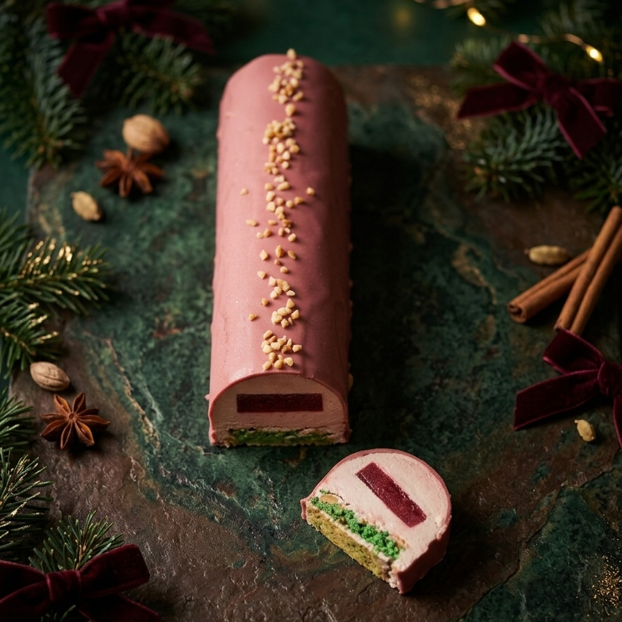 Bûche de Noël au chocolat Ruby nappée d'un glaçage rose signature parsemée d'éclats d'amandes torréfié,  coupée  laissant voir l'interrieur , un incert confit framboise , mousse rose ruby et dacquoise. 